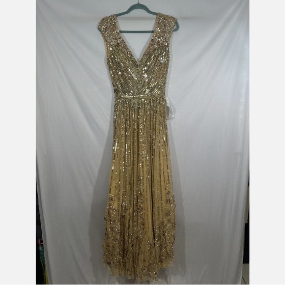 NWT $798 Mac Duggal [ 8‎ ] Sequin & Floral Embellished Evening Gown Gold - Picture 8 of 15